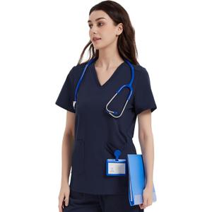 QBK Yoga Scrub Top for Women V Neck Shirt with 2 Pockets, Comfort Soft Stretch, Easy Care (Large)