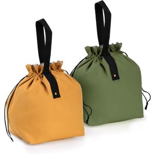 Yesland 2 Pack Reusable Lunch Bag, Canvas Insulated Lunch Handbag Tote Bag with Handle and Drawstring Closure Foldable and Lightweight Lunch Box for Work, Office, Picnic, Travel, Yellow, Green