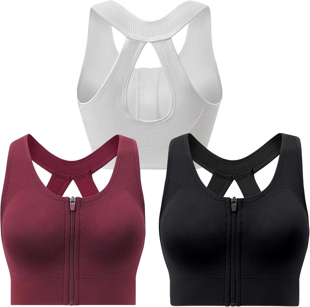 Racerback Padded Sports Bra for Women - Medium Support Zipper Front Workout Bra (L)