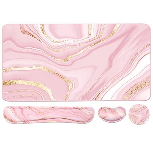 Keyboard Mouse Pad Set, Extended Mouse Pad+Keyboard Wrist Rest Support, Memory Foam Ergonomic Easy Typing, 3Pcs (35.4×15.7 in) Desk Pad Set for Home Office Study Game- Pink Gold