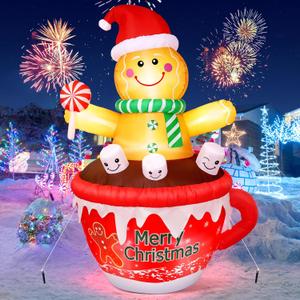 Hatisan 7 FT Christmas Inflatables Outdoor Decoration, Huge Gingerbread Man Inflatable with Hot Chocolate Cup, Candy, Christmas Inflatable Outdoor Decoration Built-in Led