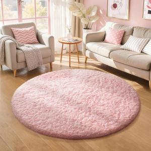 Ophanie Pink Round Rug for Bedroom Girls, Kids Fluffy Kawaii Fuzzy Shag Circle Circular Area Rugs, Cute Plush Christmas Small Carpet 4Ft 4 Foot, for Teen Baby Nursery Home Living Room Decor Aesthetic