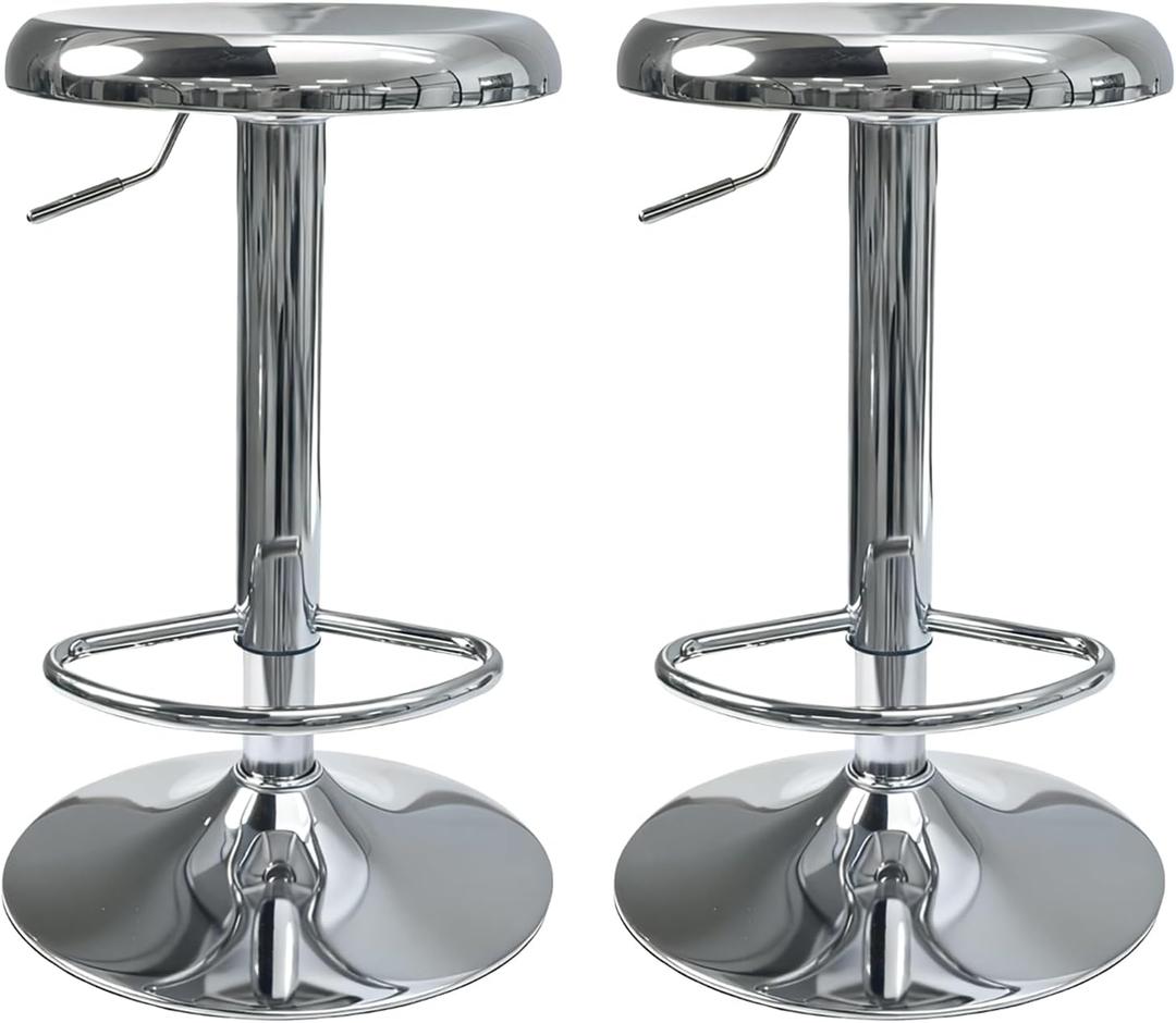Adjustable Bar Stools Set of 2, Backless Swivel Round Counter & Bar Height Chairs, Modern Chrome Metal Frame Barstools for Kitchen Island, Dining Room, Home Bar, Chrome, 13.8*13.8*31.1