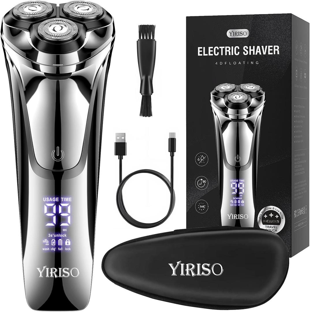 YIRISO Electric Razor for Men, 90Min Long-Lasting Shaver with 4D Floating Head & LCD Display, Ultra Smooth for Sensitive Skin, IPX6 Waterproof, USB-C Fast Charge, with Travel Case - Ideal Gift
