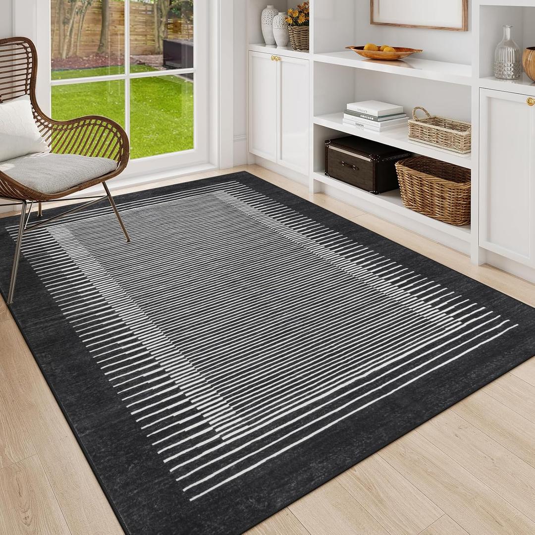 Morebes Modern Washable 5x7 Rug for Living Room, Geometric Striped Bedroom Rug Non Slip Office Rug, Stain-Resistant Low Pile Soft Indoor Floor Carpet for Dining Room Playroom, Black