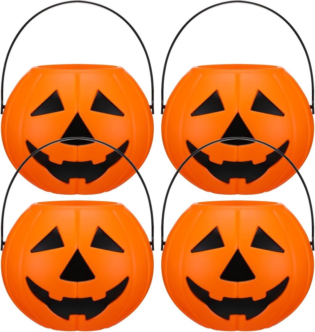 4 Pcs Plastic Pumpkin Buckets Trick or Treat Halloween Candy Baskets with Handle 6.7 x 5.1 Inches Plastic Pumpkin Large Candy Basket for Halloween Trick or Treat Party Supplies (Funny)