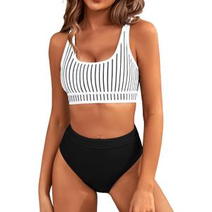 BMJL Women's High Waisted Bikini Sets Sporty Two Piece Swimsuits Color Block Cheeky High Cut Bathing Suits (M)