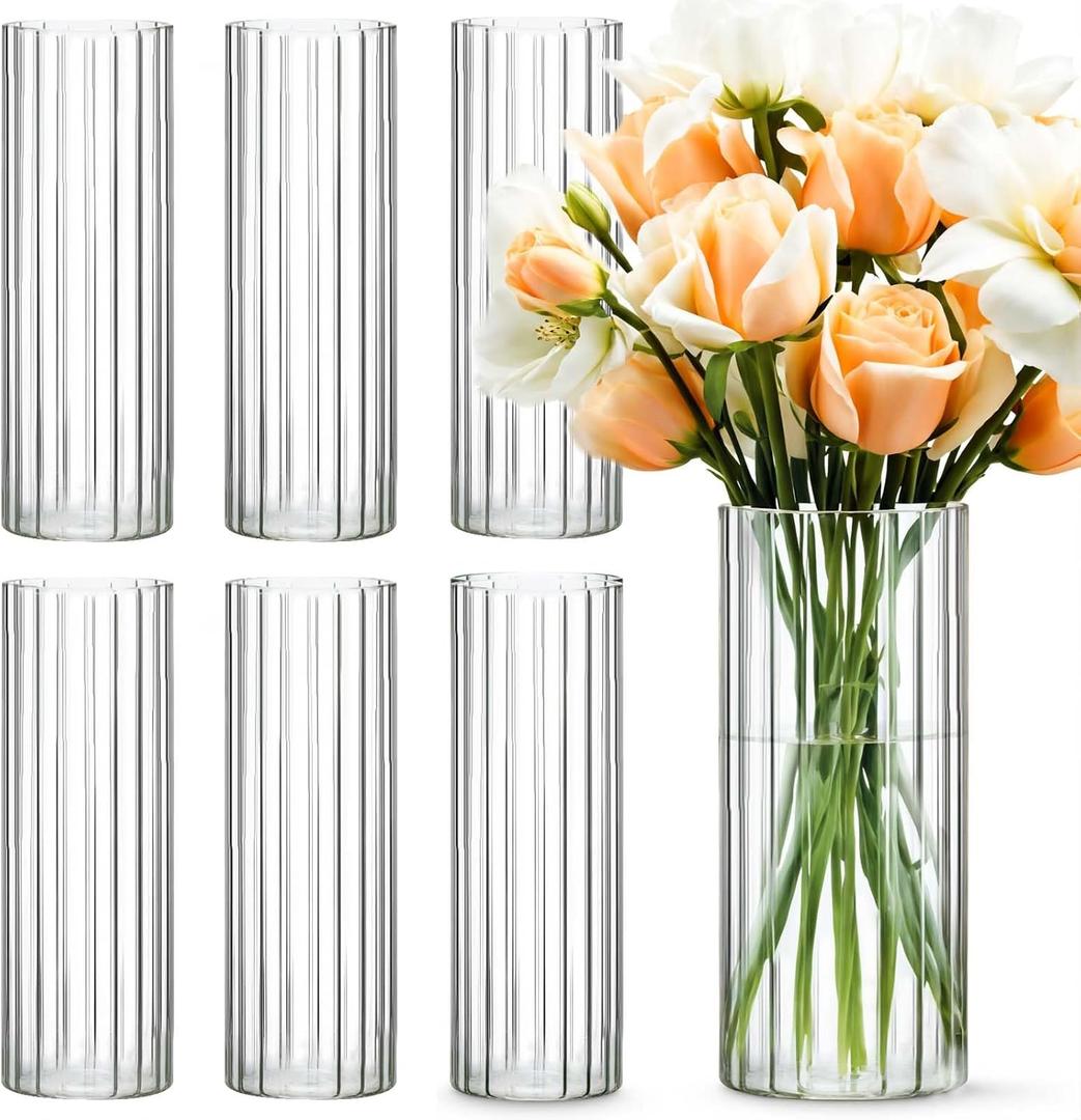 SUREHOME Glass Cylinder Vases for Centerpieces 16 Pcs Clear Ribbed Glass Vase Tall Hurricane Vase 12 Inch Floating Candle Vases Bulk for Flower Home Wedding Formal Dinners Table Centerpiece Decor