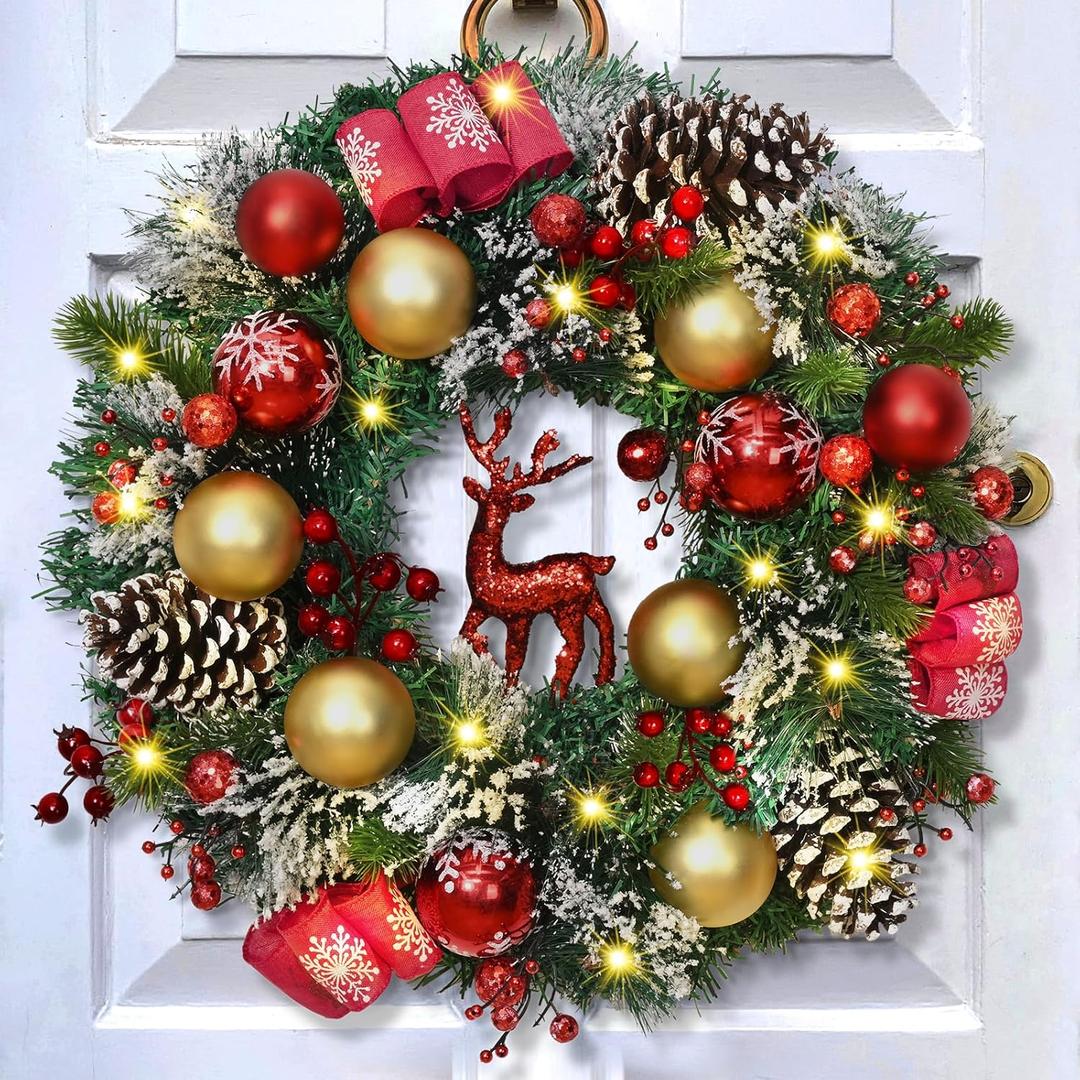 Christmas Wreaths for Front Door, 16'' Christmas Wreath with Lights Sparkly Red Reindeer Berries Cones Pine Needles, Christmas Door Wreath for Home Door Wall Party Christmas Decorations