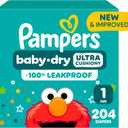 Pampers Diapers - Baby Dry - Size 1, 204 Count, Absorbent Disposable Infant Diaper (Packaging May Vary)