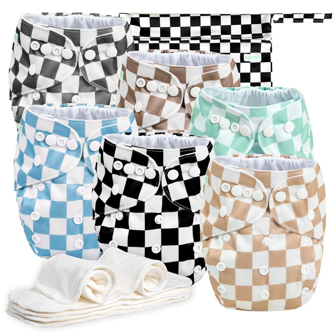Wegreeco Cloth Diapers 6 Pack with 6 Inserts & 1 Wet Bag, Washable Cloth Diapers for Babies, One Size Adjustable Reusable (Checkerboard)