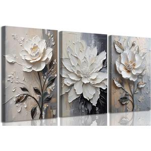 3Pcs Modern Abstract Flower Canvas Wall Art Black white roses Paintings Pictures Wall Decor Elegant White Blooming Flowers Posters Prints Artwork for Living Room Bedroom Home Decoration 1624in