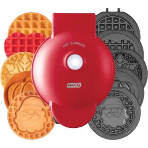 Dash Holiday MultiMaker Mini System - Includes Seasonal Snowflake, Pumpkin, Heart, Santa, and Classic Waffle Plates - Red, Six 4-Inch Removable Plates