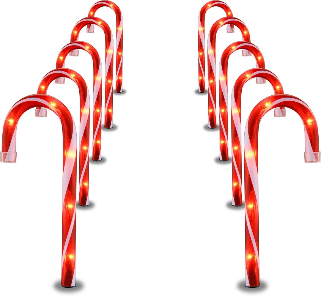 Candy Cane Lights - 10 Pack Candy Cane Pathway Lights, 10" Christmas Candy Cane Light Red, Outdoor Candy Cane Christmas Decor for Walkway, Driveway, Sidewalk, Garden, Xmas Path Stake Light Markers