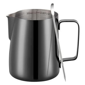 Amrules Milk Frothing Pitcher, 12 oz Milk Frother Cup with Clear Scale, 304 Stainless Steel Cappuccino Espresso Machine Accessories for Barista Coffee Bar with Latte Art Pen, Bright Black