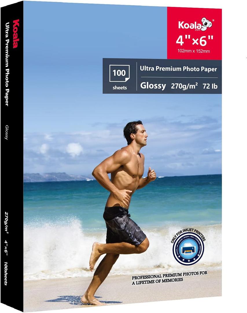 Koala Ultra Premium Photo Paper 4x6 Inch Glossy Photo Printer Paper Water Resistant for Inkjet Printer 100 Sheets 72lb