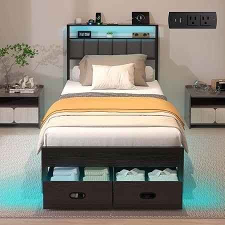 Twin Bed Frames with Storage Drawer, Platform Bed with Charging Station and LED Lights, Upholstered Headboard with 2-Tier Storage Shelves, No Box Spring Needed