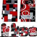 6 Pcs Kitchen Decor Set Accessorie Farmhouse Kitchen Towels Pot Holders Oven Mitts Set 2 Dish Towels 2 Pot Holders 2 Cooking Mittens Oven Glove for Cooking(Red and Black,Geometric)