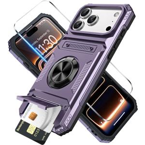 for iPhone 17 Pro Max Wallet Case with Card Holder + 1 Screen Protector, (2 Cards) & 360Ring Kickstand Military Grade Drop Shockproof Rugged Case for iPhone 17 Pro Max 6.9"(Purple)