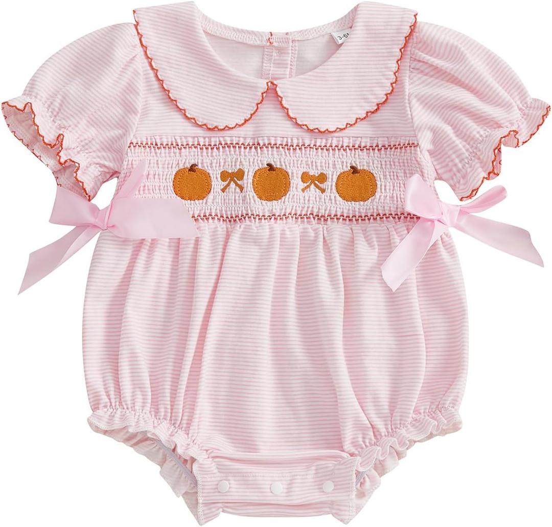 Baby Girl Halloween Outfit Newborn Pumpkin Romper Short Sleeve Onesie Infant Jumpsuit Smocked Baby Girl Clothes (6-12 Months, Pink)