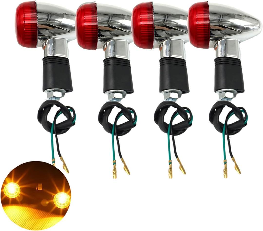 Universal 4pcs Motorcycle Turn Signals Chrome Bullet Front Rear Lights Compatible with Harley Honda Suzuki Yamaha Kawasaki Motorcycle Bobber Chopper(Red shell)