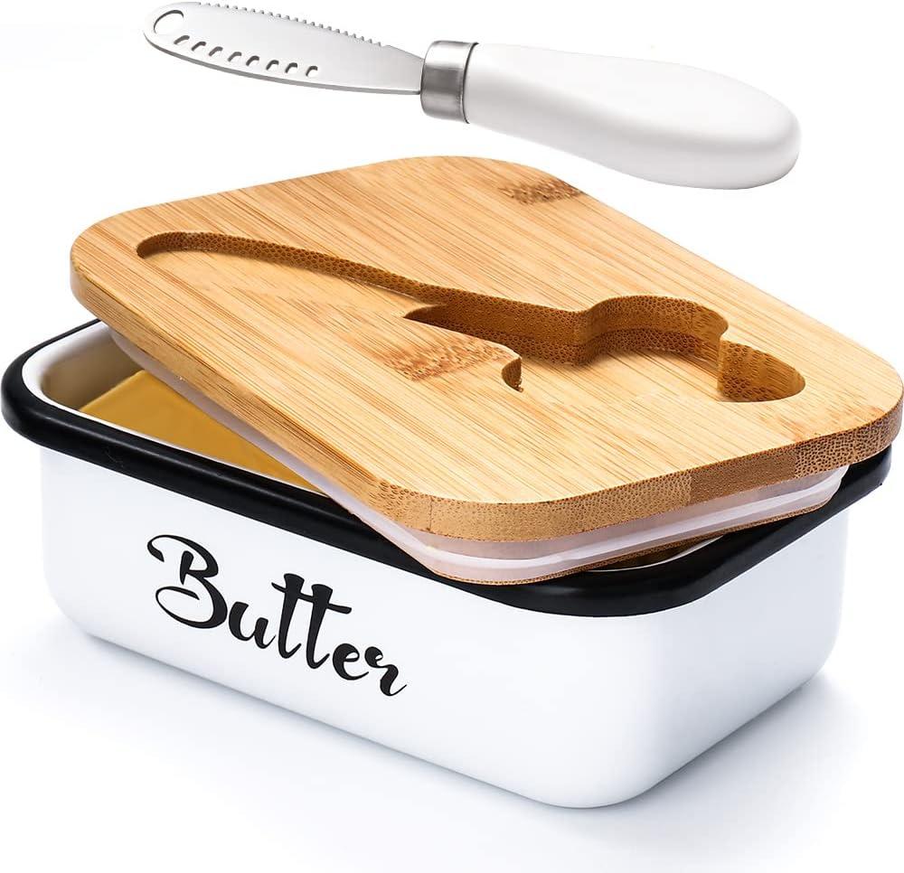 Butter Dish with Lid,Butter Dish for Countertop,AISBUGUR Metal Butter Keeper with Stainless Steel Multipurpose Butter Knife,Large Butter Container with Silicone Home Decor Kitchen Gift White (A-White)
