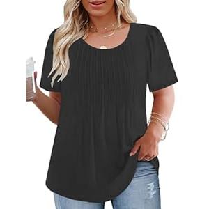VISLILY Womens-Plus-Size-Summer-Tops Trendy Puff Short Sleeve T Shirts Cute Flowy Pleated Blouses Casual Crewneck Tunics Tee XL