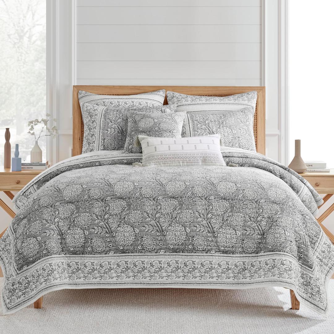 Levtex Home Adare Grey Reversible King/Cal King Quilt Set (106x92in) with 2 Pillow Shams (36x20in) - Floral Bedding - Grey White - Cotton King Size Quilt Bedding Set - Lightweight, Soft, Pre-Washed