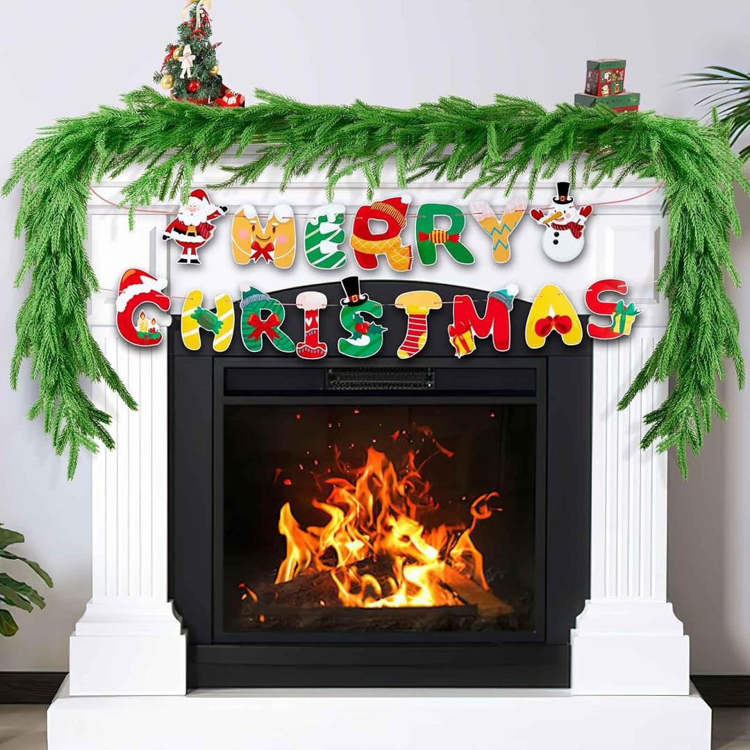 4 Pcs Norfolk Pine Garlands, 6 Ft Artificial Lifelike Pine Garland, Christmas Banner Included, Greenery Garland for Mantle, Table, Stairs, Wall, Indoor, Outdoor Christmas Decorations (4, 6 FT)