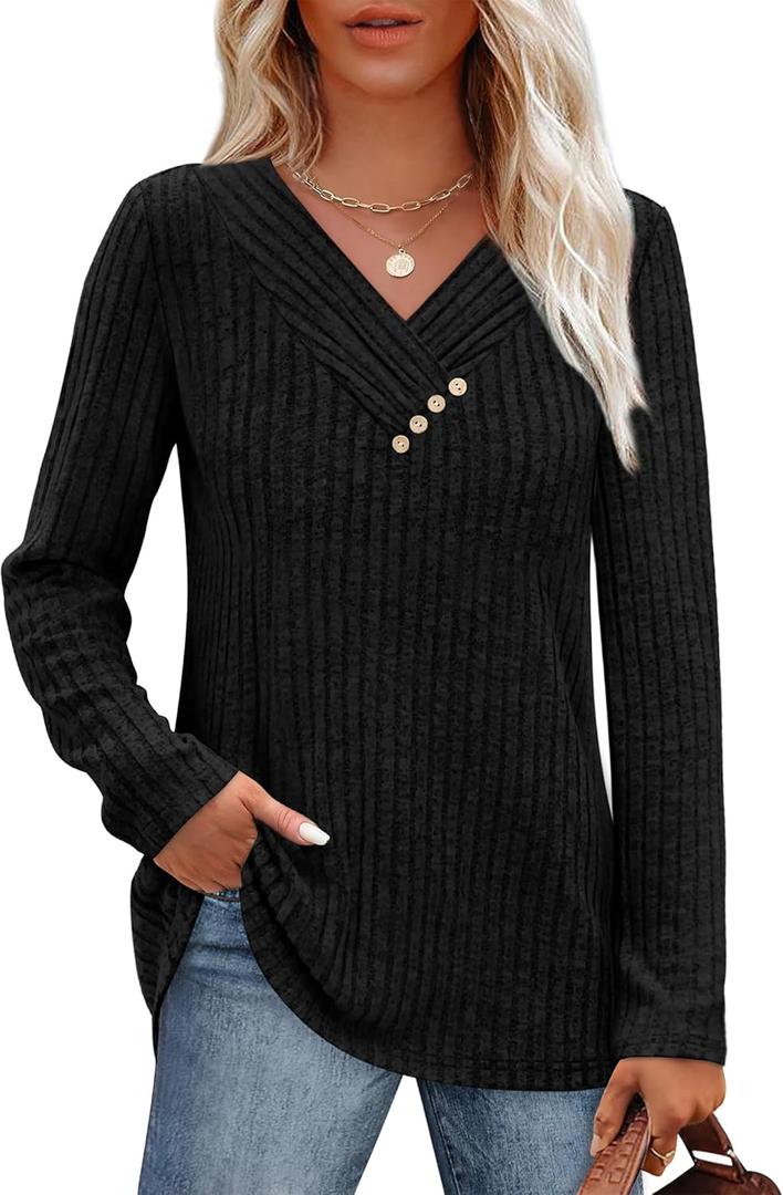 SAMPEEL Sweaters for Women Long Sleeve Shirts V Neck Tops with Buttons Fall Fashion Outfits Winter Clothing 2025 (XX-Large, Black)