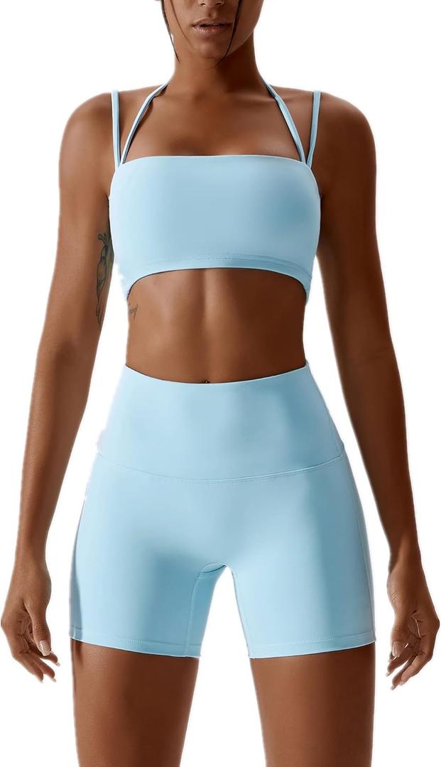 ABOCIW Workout Sets for Women 2 Piece Twist Front Halter Sports Bras High Waist Biker Shorts Exercise Gym Yoga Outfit (Small, Z-light Blue)