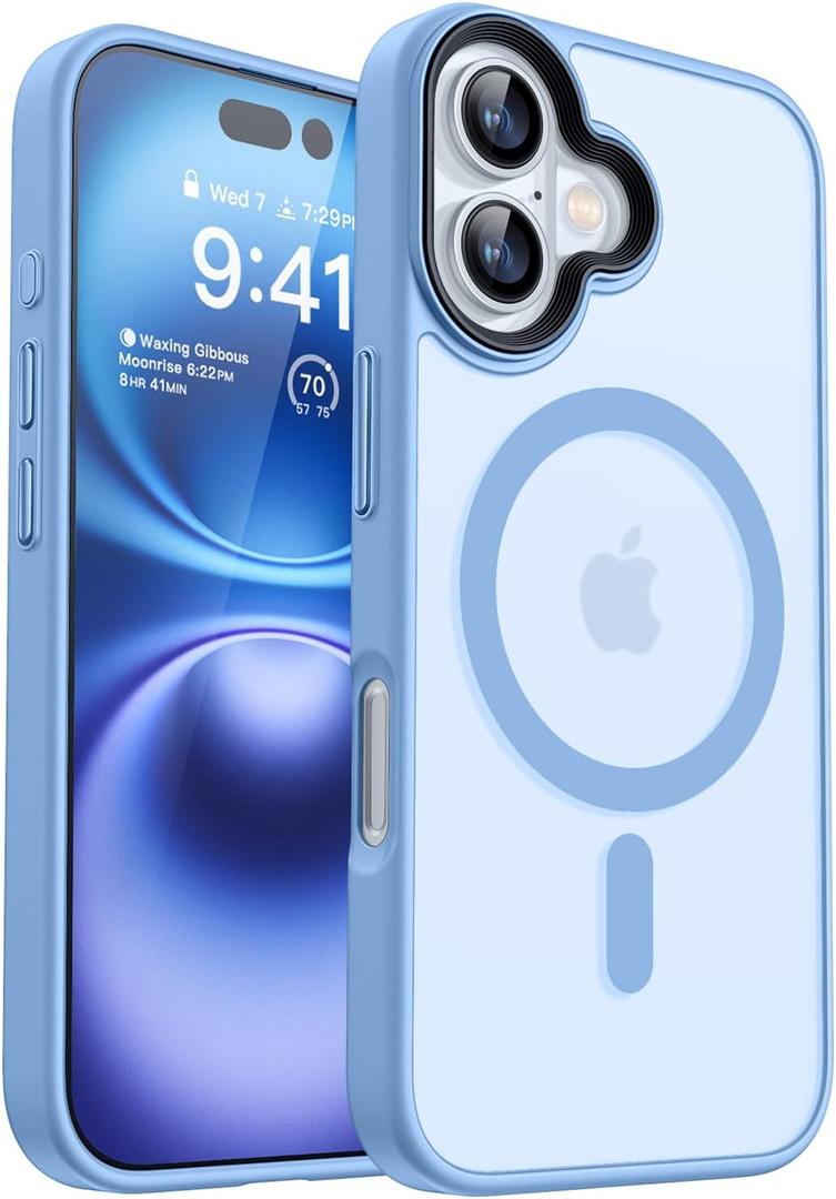 CANSHN Magnetic for iPhone 16 Case [Compatible with MagSafe & MIL-Grade Drop Tested] Slim Translucent Matte Cover, Anti-Scratch Shockproof Phone Case for iPhone 16, Light Blue