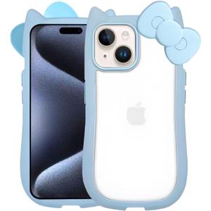 Compatible with iPhone 14 Case iPhone 13 Case Cute 3D Bow for Women Girls, Kawii Cat Ear Kitty Design Soft Silicone and Clear Hard Shockproof Blue Phone Case for iPhone 14/13 6.1inch