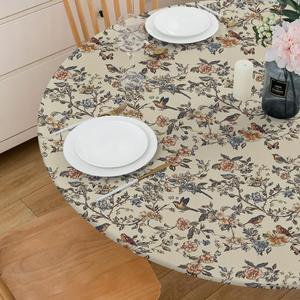 Vintage French Flowers Bird Butterfly Garden Round Fitted Tablecloth with Elastic Edge Waterproof Oil Proof Table Cover Cloth Round Tables for Dinner, Outdoor, Picnic(Fitted to 36"-44" Diameter)