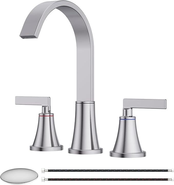 8 Inch Bathroom Sink Faucet, 3 Hole Widespread Bathroom Faucets with Pop Up Drain, Bar Faucet with Cache Aerator, Brushed Nickel