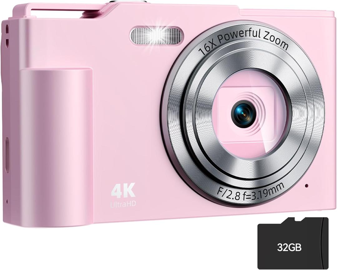 Digital Camera, FHD 4K Digital Point and Shoot Camera with 16X Zoom Anti Shake, 48MP Compact Small Camera with 32GB Card for Boys Girls Kids (Pink)