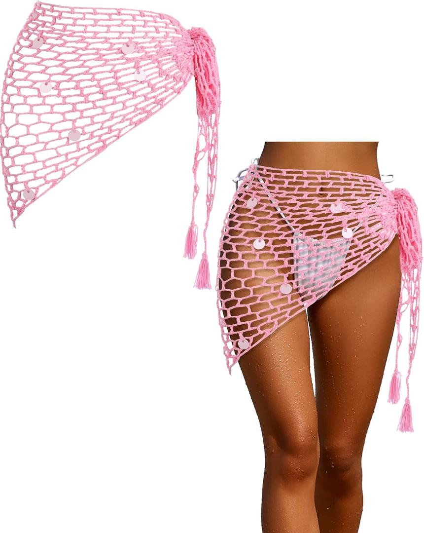 Halloween Mermaid Cosplay Crochet Cover-ups Skirt Triangle Shawl Swimwear Shiny Sequin Beach Fishnet Wrap (Pink)
