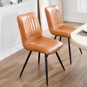 Dining Chairs Set of 2, Modern Dining Chairs with Thick Cushions, PU Leather Upholstered Kitchen Dining Room Chairs with Metal Legs for Dining Living Room (Caramel), 2 Pcs