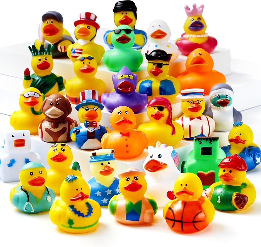 JOYIN 30 Pcs Rubber Ducks, Random Assortment Ducks Bulk with Mesh Carry Bag, Mini Rubber Duckies for Baby Bath Toys, Kids Toddler Summer Pool Toys Birthday Gifts Party Favors