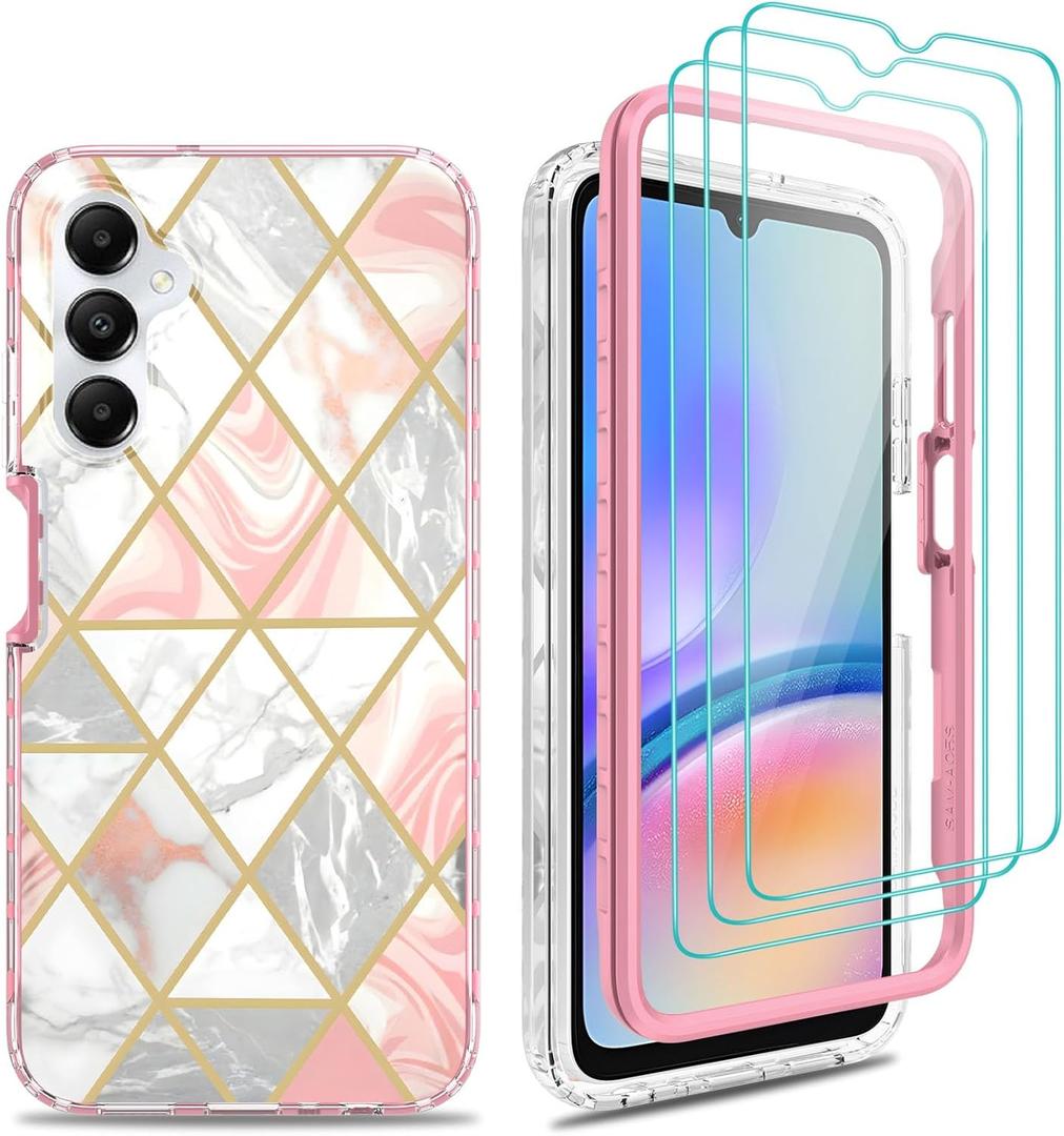 for Galaxy A05s Case, for Galaxy A05s Case with [3X Tempered Glass Screen Protector], Hard PC Bumper + SOFE TPU Shockproof Armor Impact Resistance Hybrid Marble Colorful Cover - Rose Gold