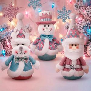 Blue Winter Christmas Decor, 3 Pack Pink Snowman Plush, Santa & Reindeer Stuffed Decorations Indoor, Winter Tree Ornaments, Winter Frostbite Snowman Tiered Tray Centerpieces Table Decor