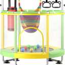 ZCMHAXJ 55" Trampoline for Kids with Enclosure, 440lbs Capacity Indoor & Outdoor Toddler Trampoline with Adjustable Gymnastics Bar & Toys, for Boys & Girls (Yellow Green)