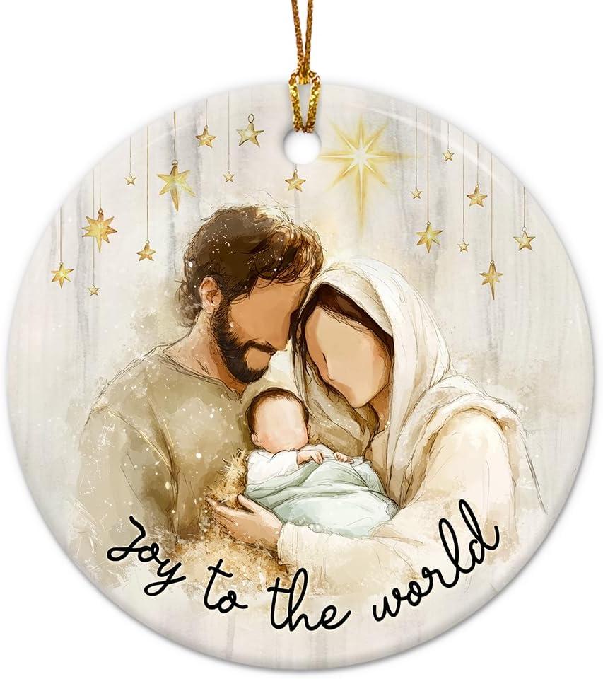 Nativity Christmas Ornament 2025 - Joy to The World Round Ceramic Ornament for Xmas Decor - Holy Family with Baby Jesus Religious Ornaments - Catholic Christian Gift for Family & Friends