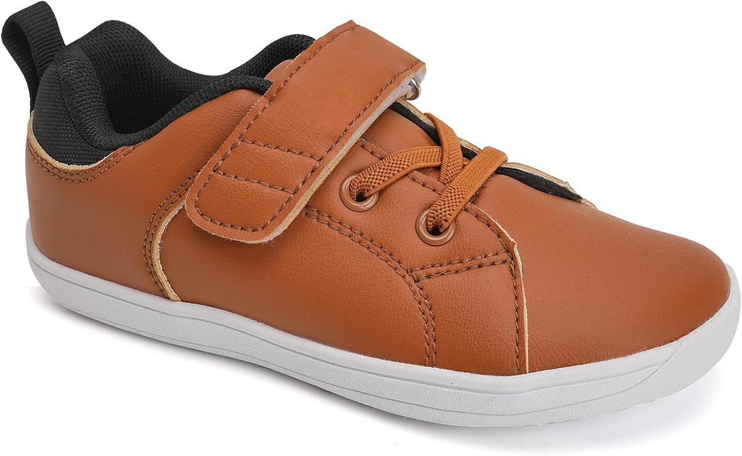 WateLves Toddler Little Kid Wide Barefoot The First Walking Shoes Girls Boys Leather Uniform Dress Shoes Lightweight Splay Naturally Minimalist Sneakers (Brown)