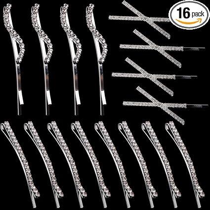16 Pieces Rhinestone Bobby Pins, Fancy Metal Hair Clips, Crystal Shiny Barrettes, I S X Shaped Diamond Hair Accessories for Women Girls Wedding Prom Party (Silver)