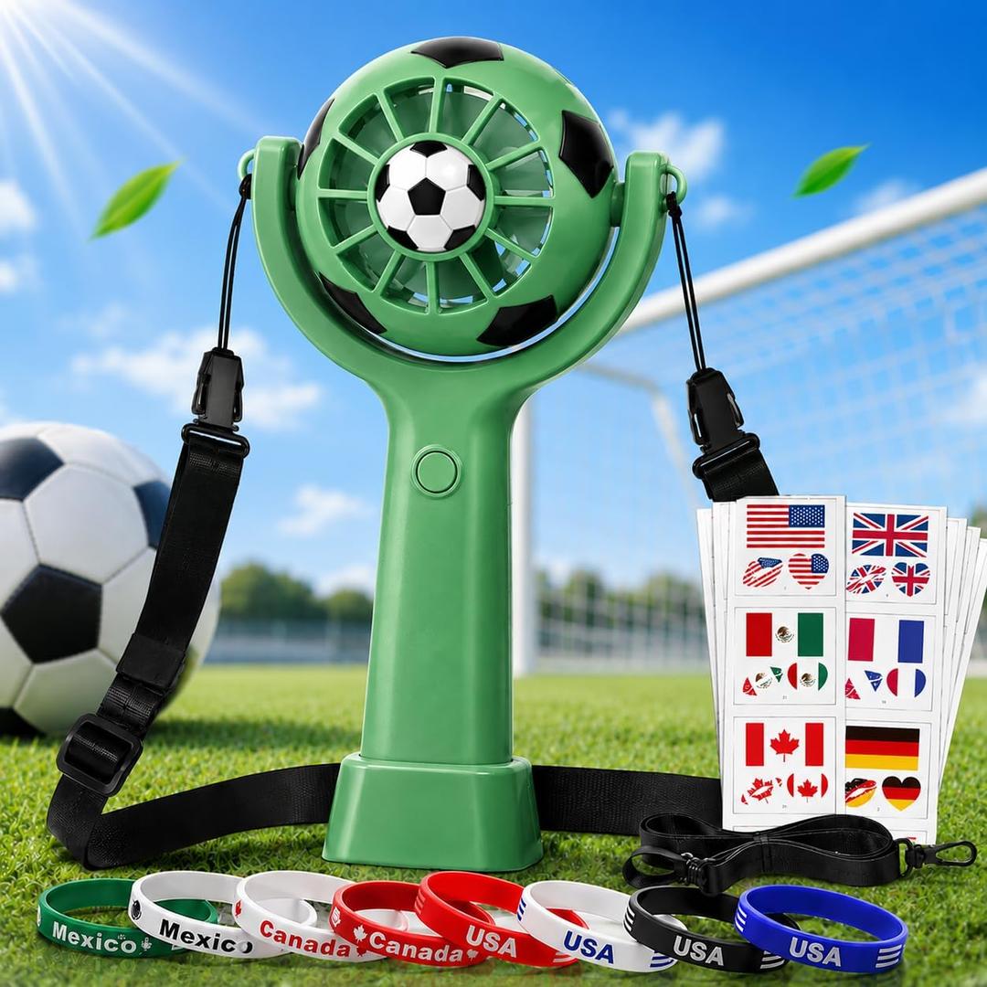 2 x Handheld Fan Kit with Soccer Stickers & Wristbands, Portable Summer Fan | Fun summer gift set with green portable fan, 24 soccer stickers & 8 silicone wristbands for fans, kids, parties and outdoor