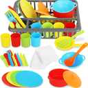 Kids Play Dishes with Drainer - 27PC Tableware & Pretend Kitchen Accessories, Plastic Play Set - Durable and Colourful for Children Ages 3+