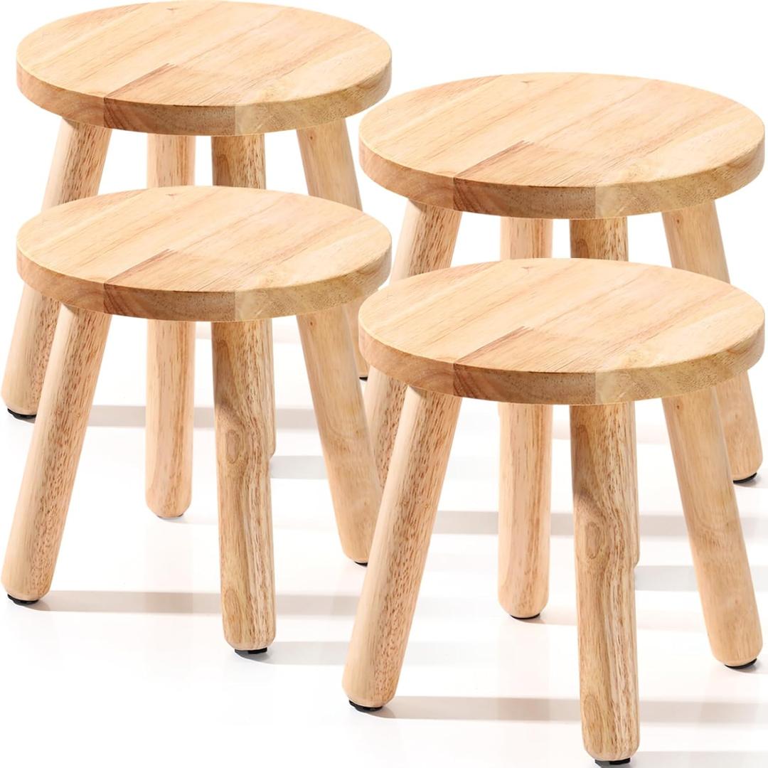 Wenqik 4 Pcs Wooden Step Stools 10 Inch Stool Matched Sensory Table Multi Purpose Solid Chair Round Small Chairs Four Legged Sitting Stool for Classroom Bedroom Playroom