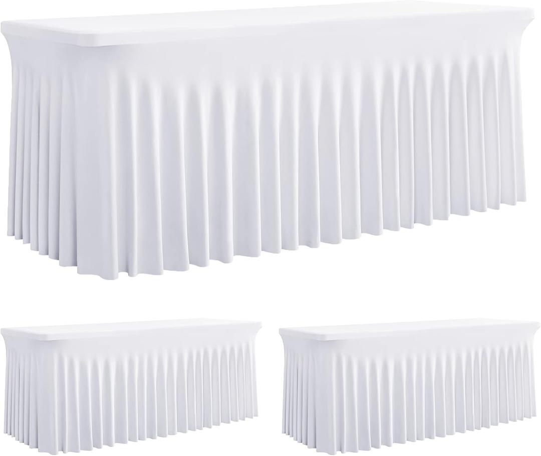 Outpain 2 Pack White Table Clothes for 8 Foot Rectangle Tables, One-Piece Wrinkle Resistant Stretch Spandex Table Covers with Skirt for Event Banquet Wedding Birthday Party