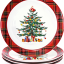 Homlouue Ceramic Christmas Tree Dinner Plates, Christmas Plates Set of 4, Ceramic Christmas Plates, Dinner, Dessert, Salad, Pasta and Appetizer Plate, Christmas Tree and Santa Plate, Red Plaid, 10.5''